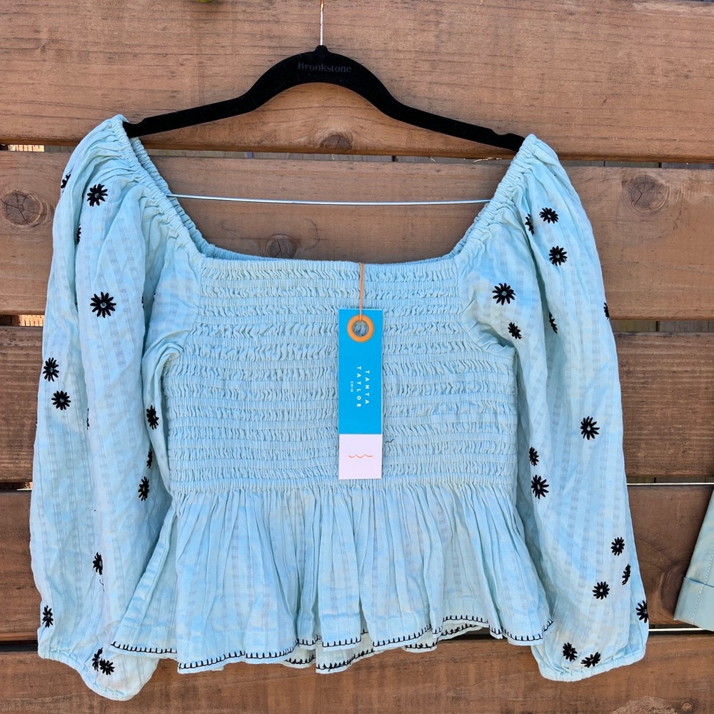 NWT Tanya Taylor Swim Emma ruched balloon sleeve top, light blue, sz XS